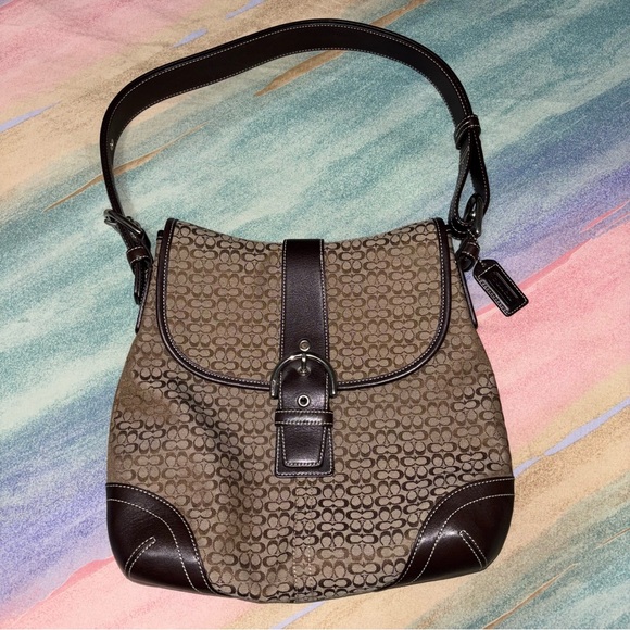 Coach Purse Crossbody Bag Brown Leather Light Fabric Canvas K3M-6376 Authentic - Picture 1 of 15